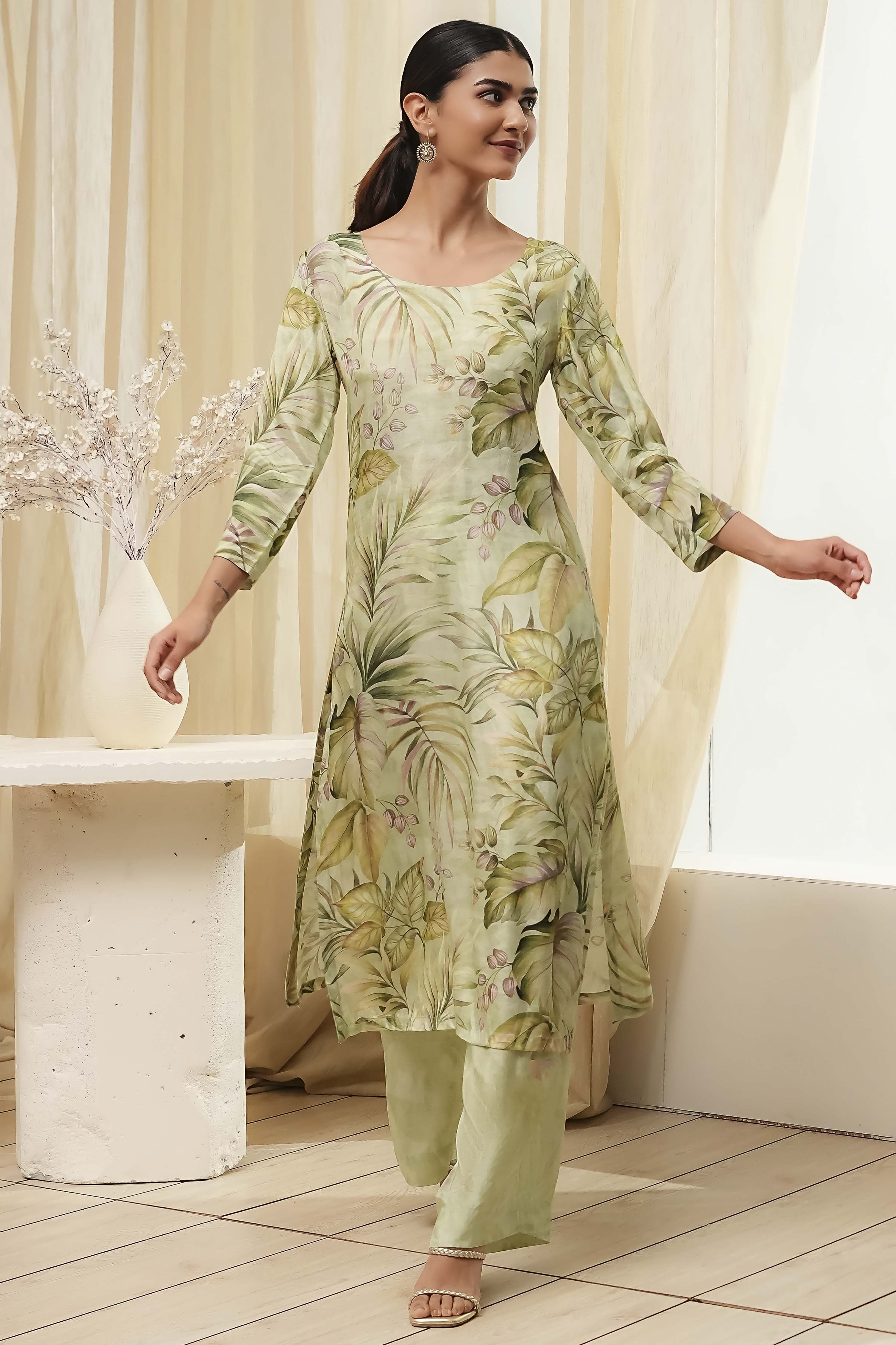 Green Modal Floral Printed Straight Kurta Set image number 6