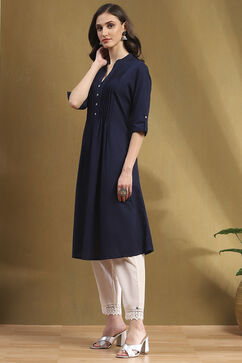 Navy Blue Cotton Solid Pleated A-Line Kurta image number 2
