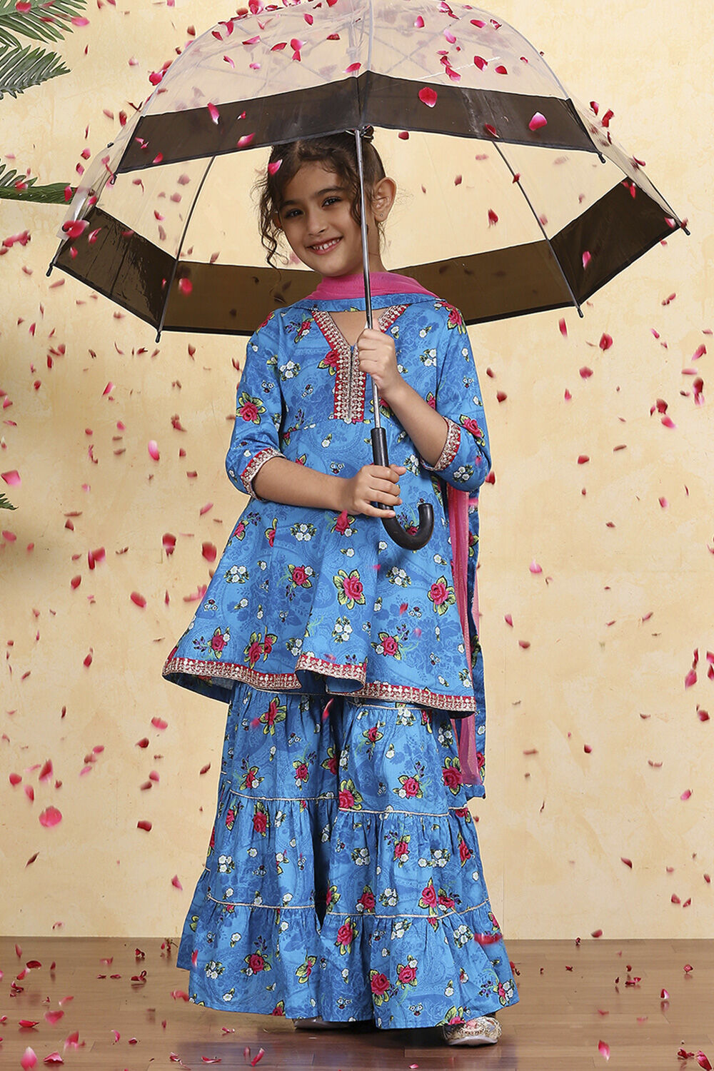 Blue Cotton Printed Flared Sharara Suit Set image number 0