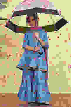 Blue Cotton Printed Flared Sharara Suit Set image number 0