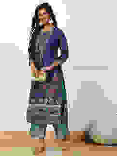 Blue Jacquard Solid Straight Palazzo Pants image number 0