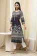 Black Cotton Printed Straight Kurta image number 2