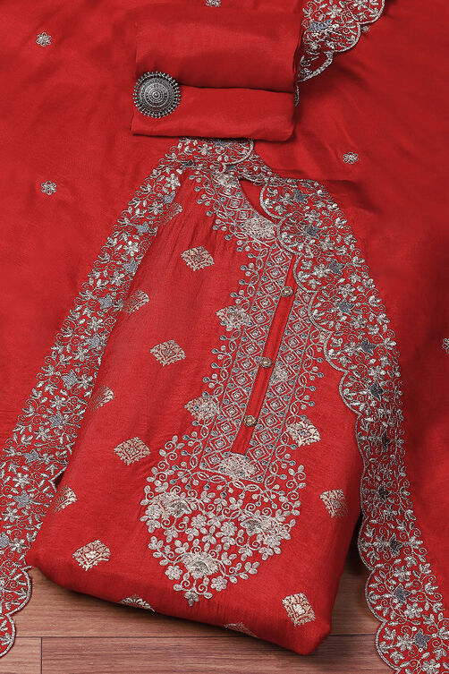 Red Banarasi Silk Machine Embroidered Unstitched Suit Set image number 0