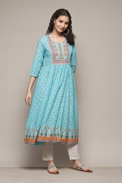 Sky Blue Cotton A-Line Printed Kurta image number 3