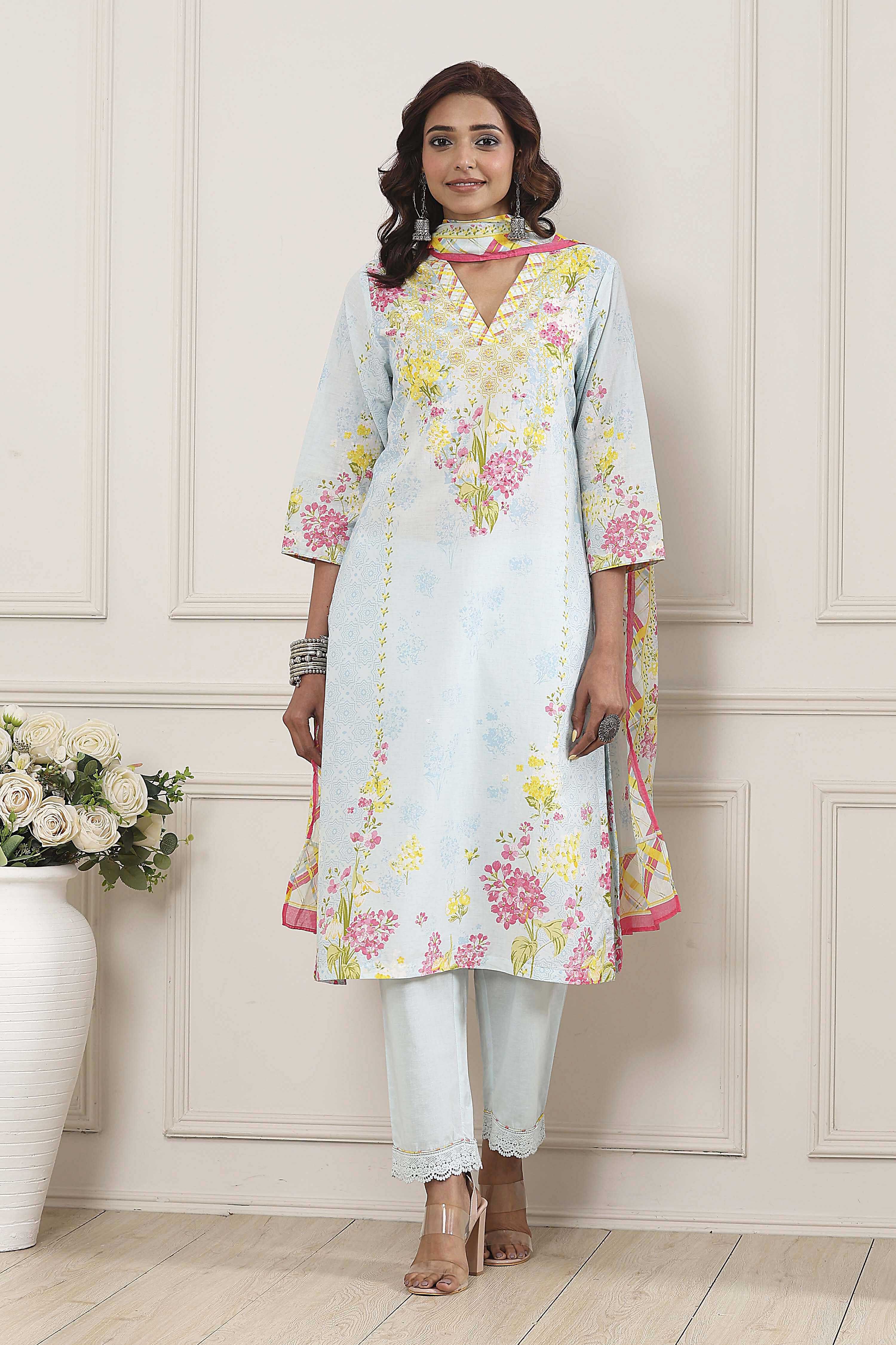 Powder Blue Cotton Printed Straight Suit Set image number 6