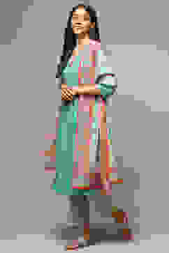 Green Cotton Kalidar Kurta Pants Suit Set image number 5