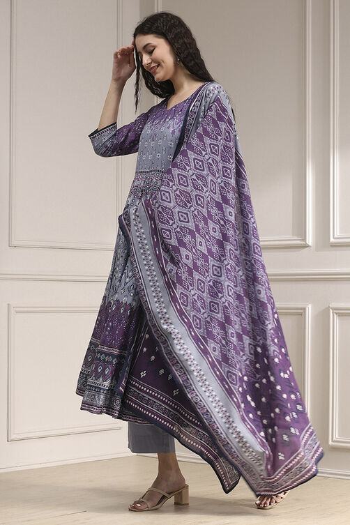 Lilac Cotton Printed Anarkali Suit Set image number 3