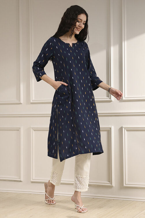 Indigo Blue Cotton Ikat Straight Kurta image number 4