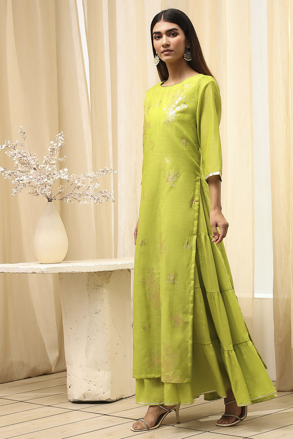Green Poly Chanderi Layered Tiered Dress image number 3