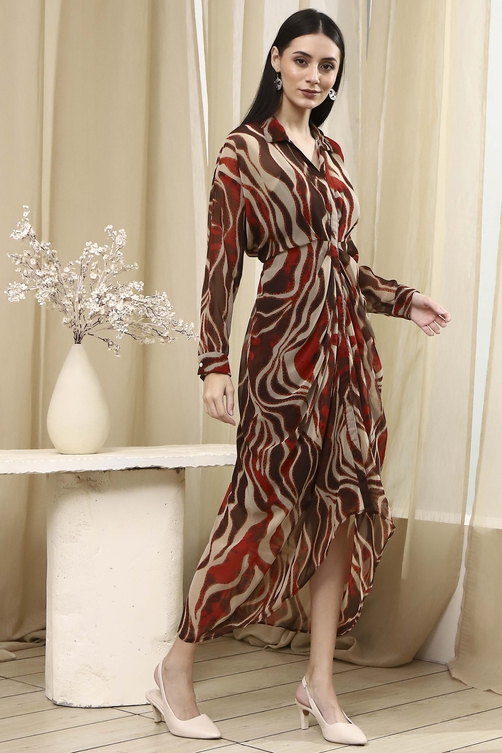 Brown Printed Gathered Tulip Dress image number 4