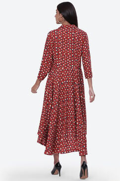 Rust Rayon Flared Printed Dress image number 4