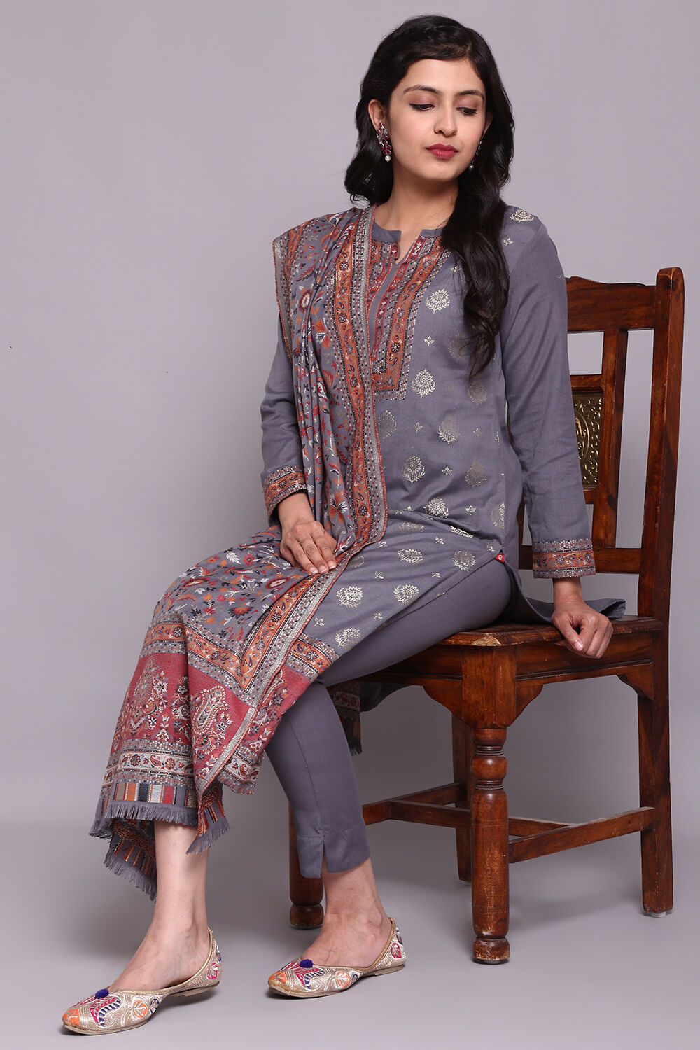 Grey Woollen Spun A Line Kurta Narrow Pants Suit Set at Biba India