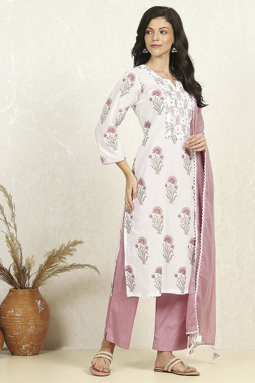 Blue and White Printed Cotton Unstitched Suit Set image number 6