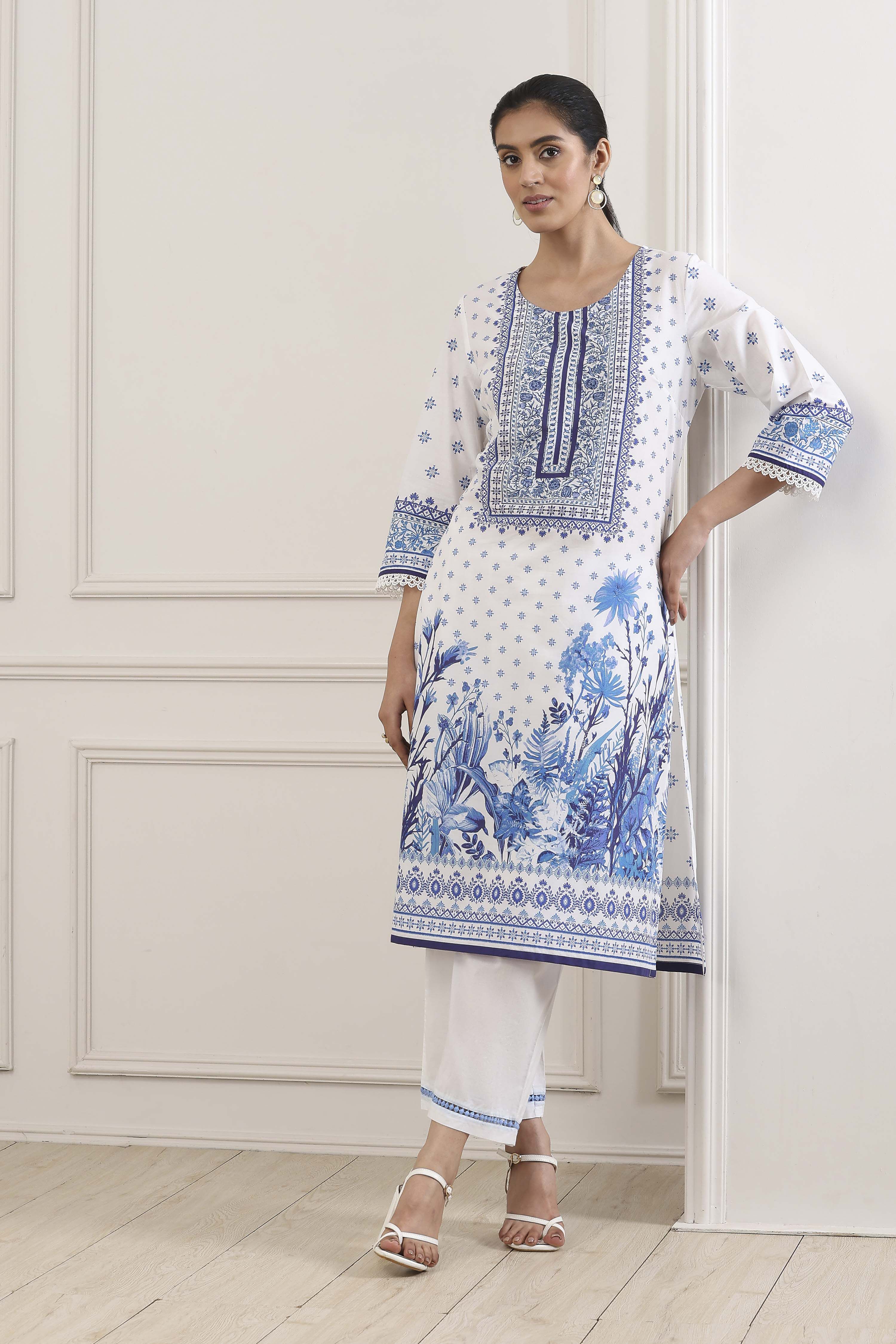 Blue Cotton Ethnic Motifs Printed Straight Kurta image number 6
