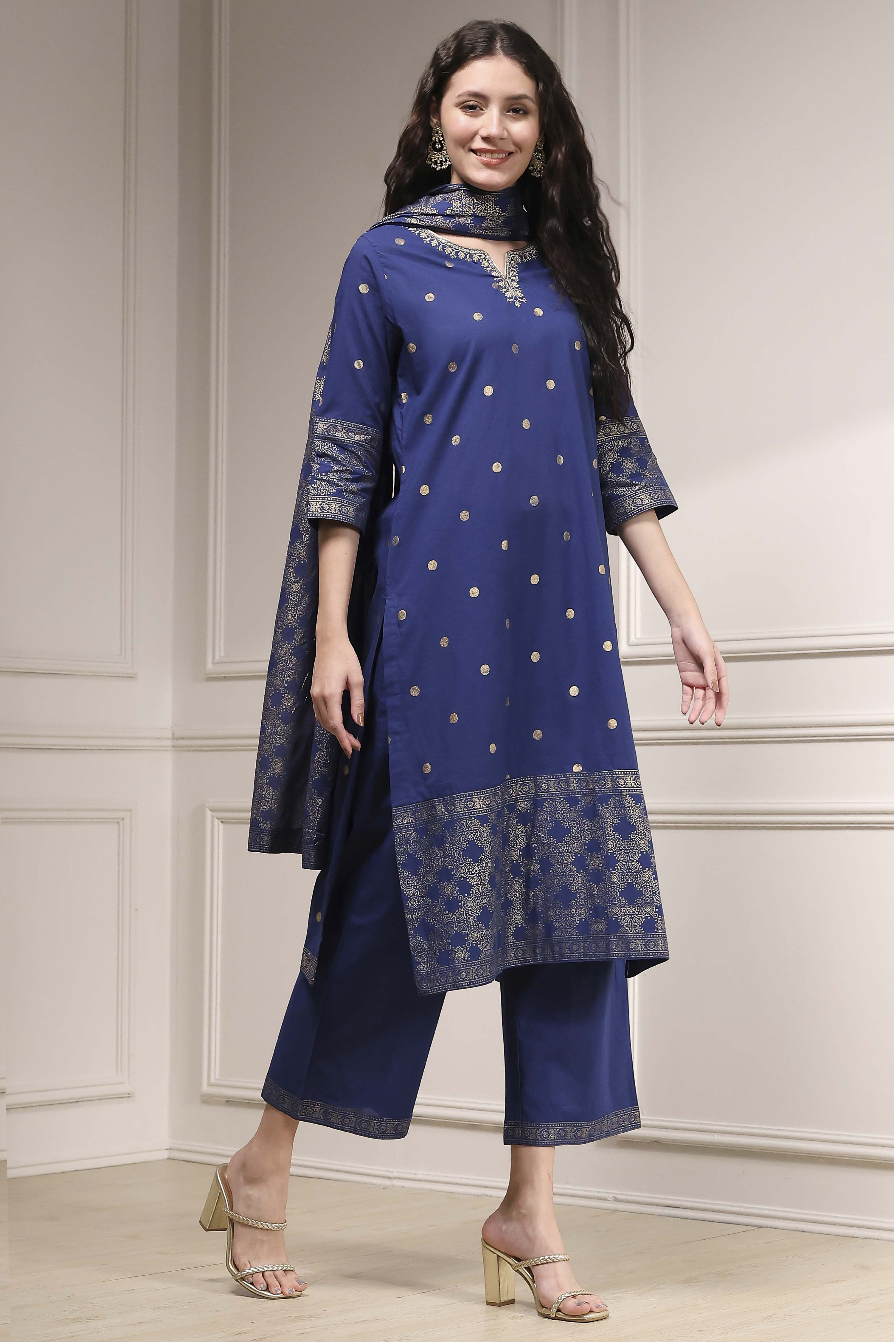 Blue Cotton Printed Straight Suit Set image number 5