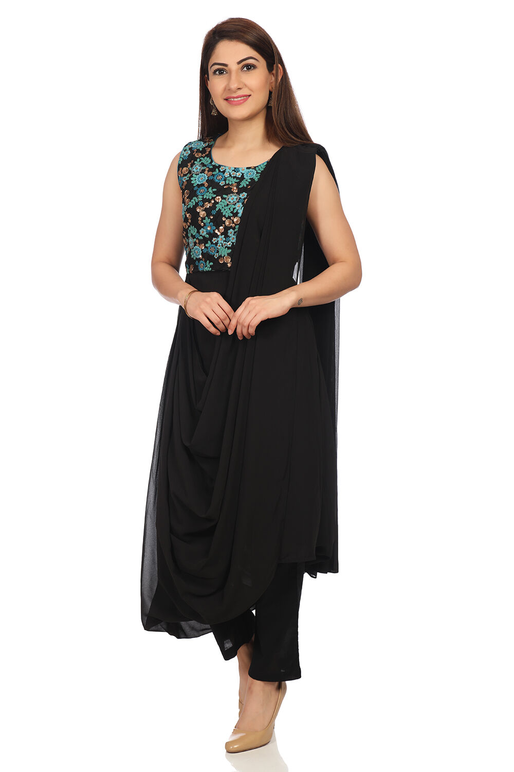 Buy Black Art Silk Saree Kurta Pant Suit Set Kurta Regular Pants