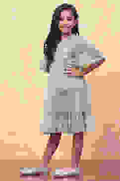 Mint Green Dobby Net Embellished Tiered Flared Dress image number 2