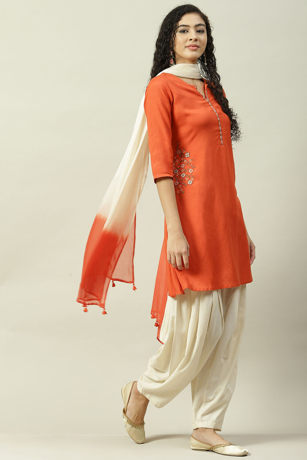 Orange Rayon Straight Kurta Slim Pant Suit Set image number 6