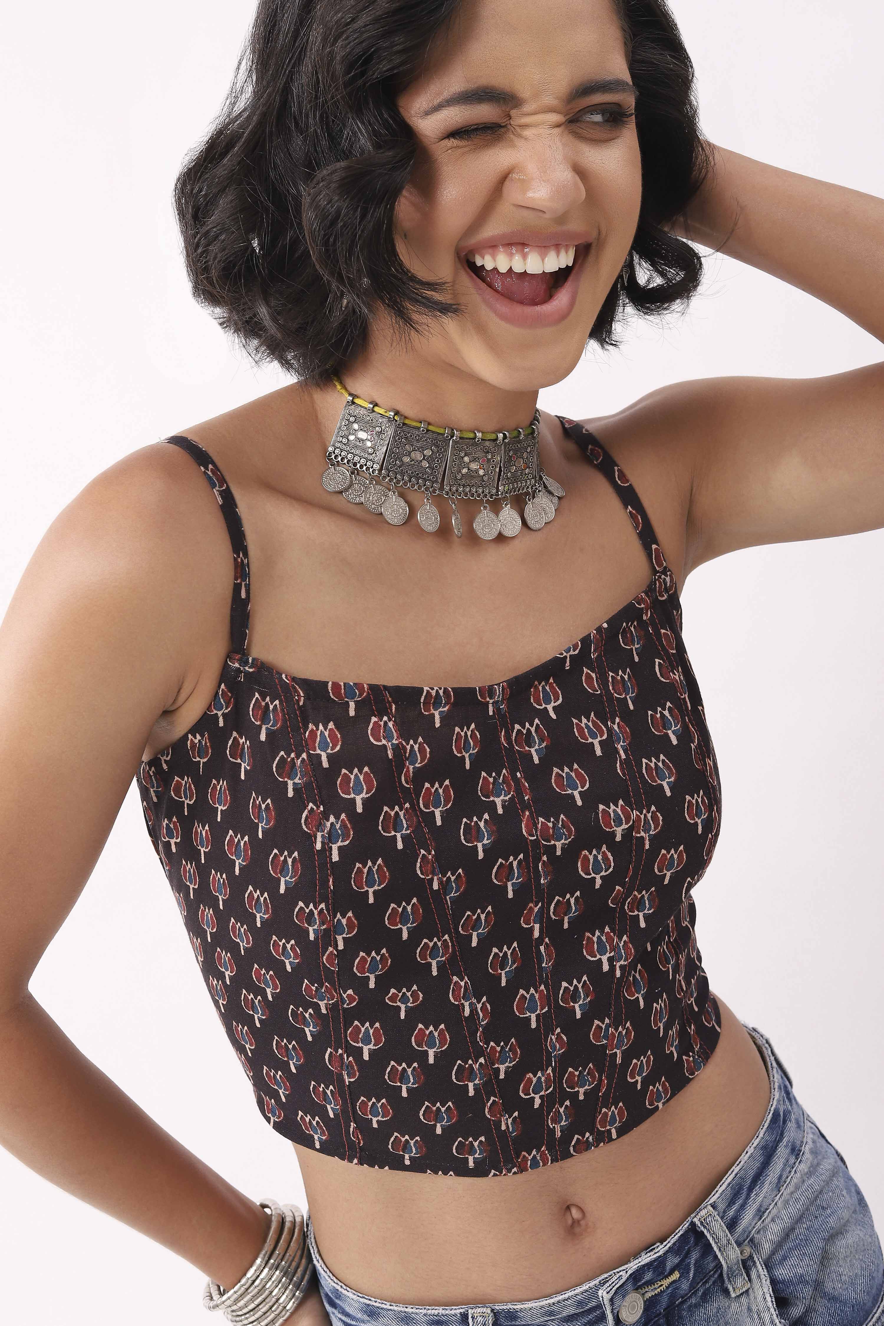 Blue & Black Cotton Printed Straight Top image number 1