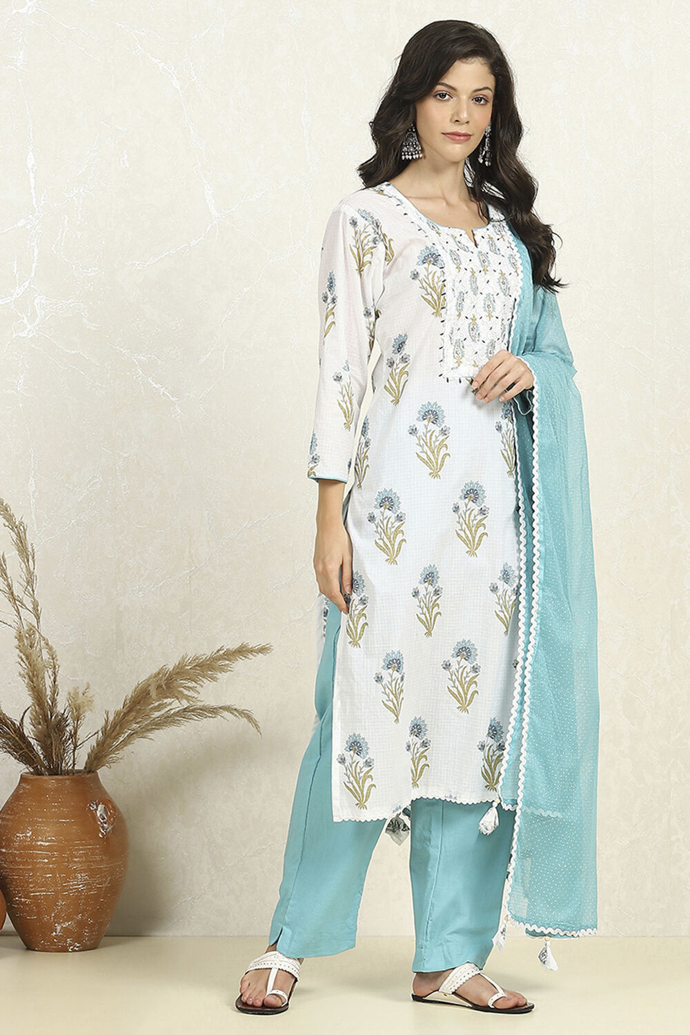 Blue and White Printed Cotton Unstitched Suit Set image number 6