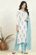 Blue and White Printed Cotton Unstitched Suit Set image number 6