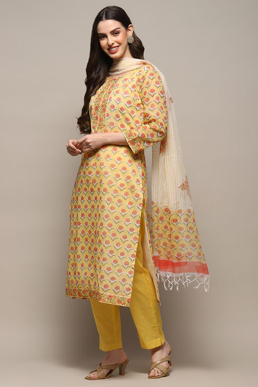 Yellow Cotton Blend Unstitched Suit set image number 5