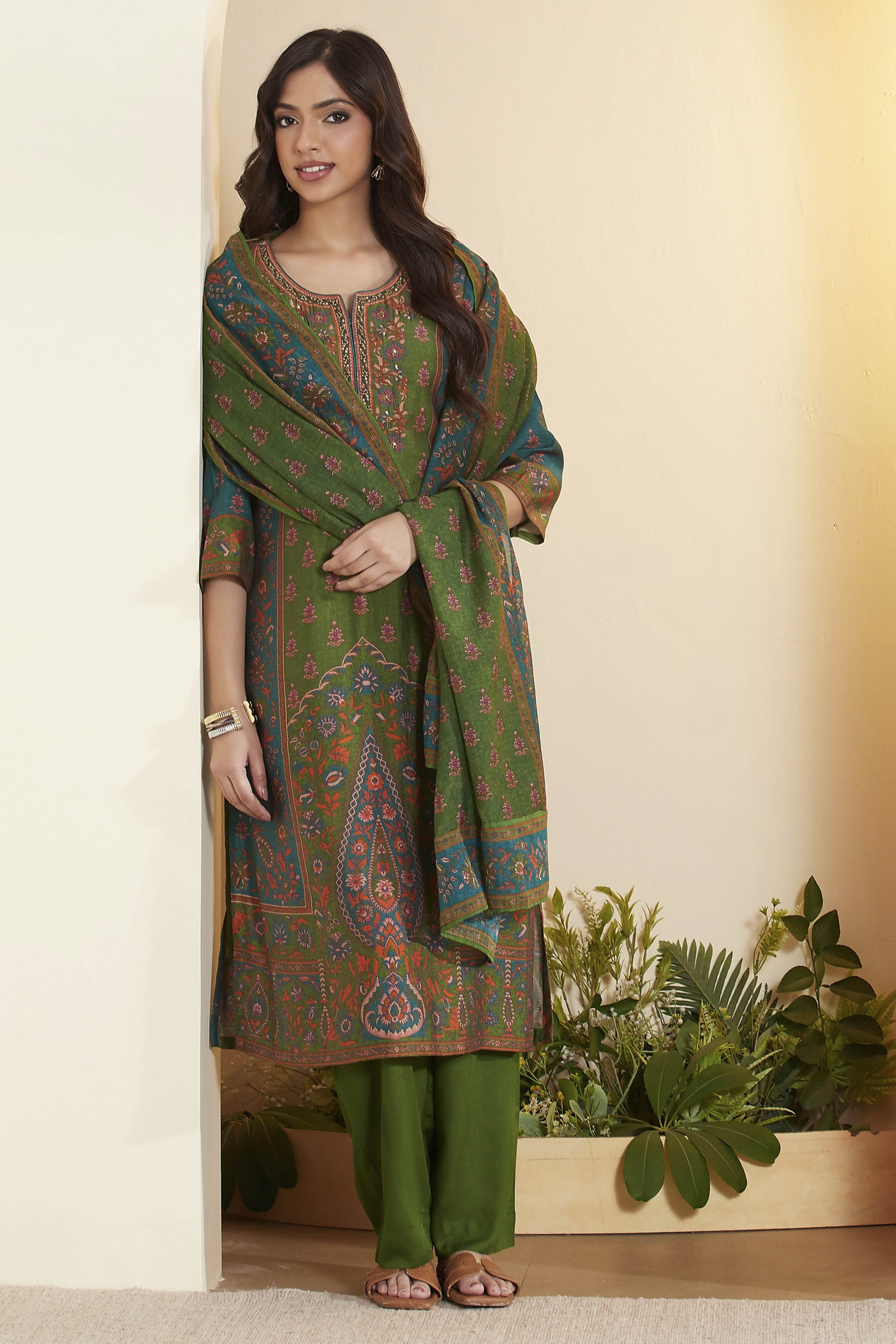 Teal & Red Printed Straight Cotton Silk Kurta Set image number 0