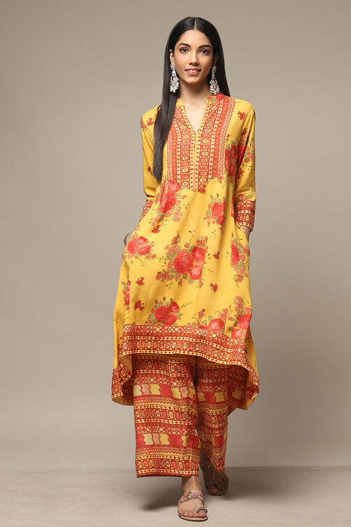 Yellow Rayon Asymmetric Kurta Palazzo 2 Piece Set image number 6