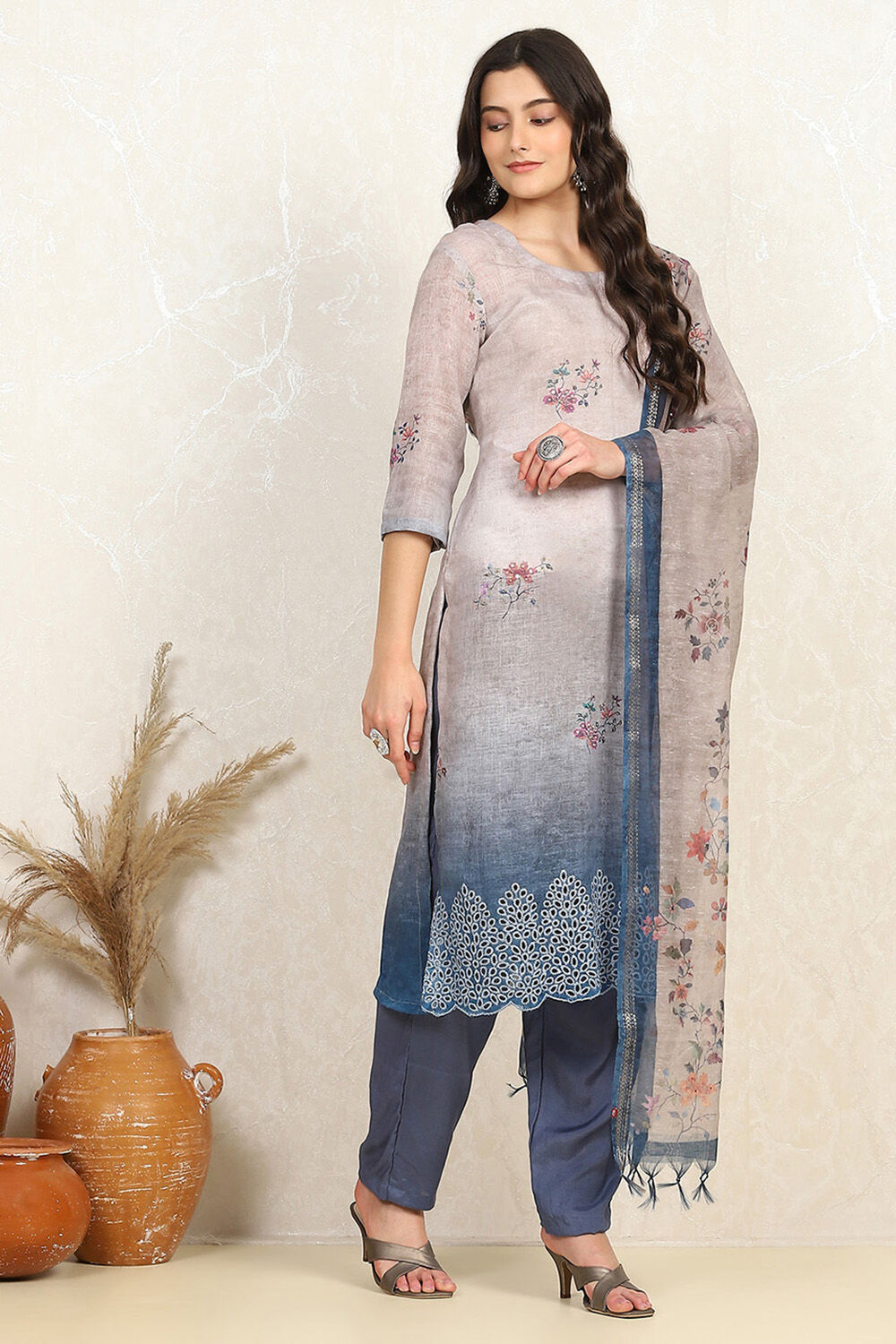 Rust Linen Printed Unstitched Suit Set image number 6