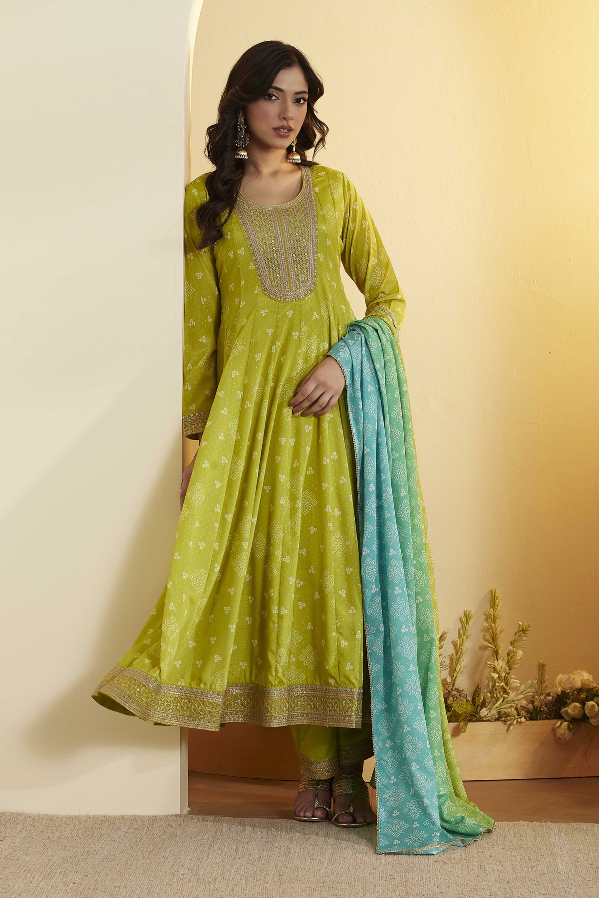 Llime Green Poly Chinnon Anarkali Suit Set