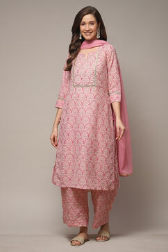 Pink Cotton Blend Straight Kurta Palazzo Suit Set image number 1