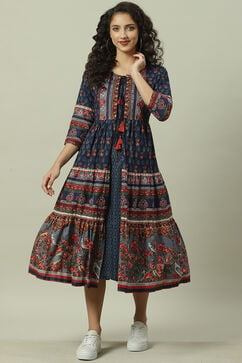 Blue Cotton Fusion Dress with Printed Jacket image number 0