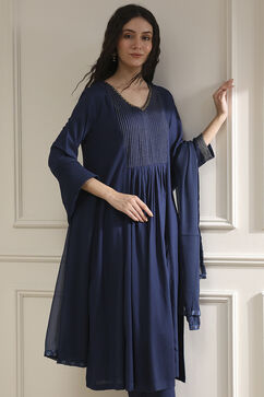 Blue Solid Gathered Suit Set image number 8