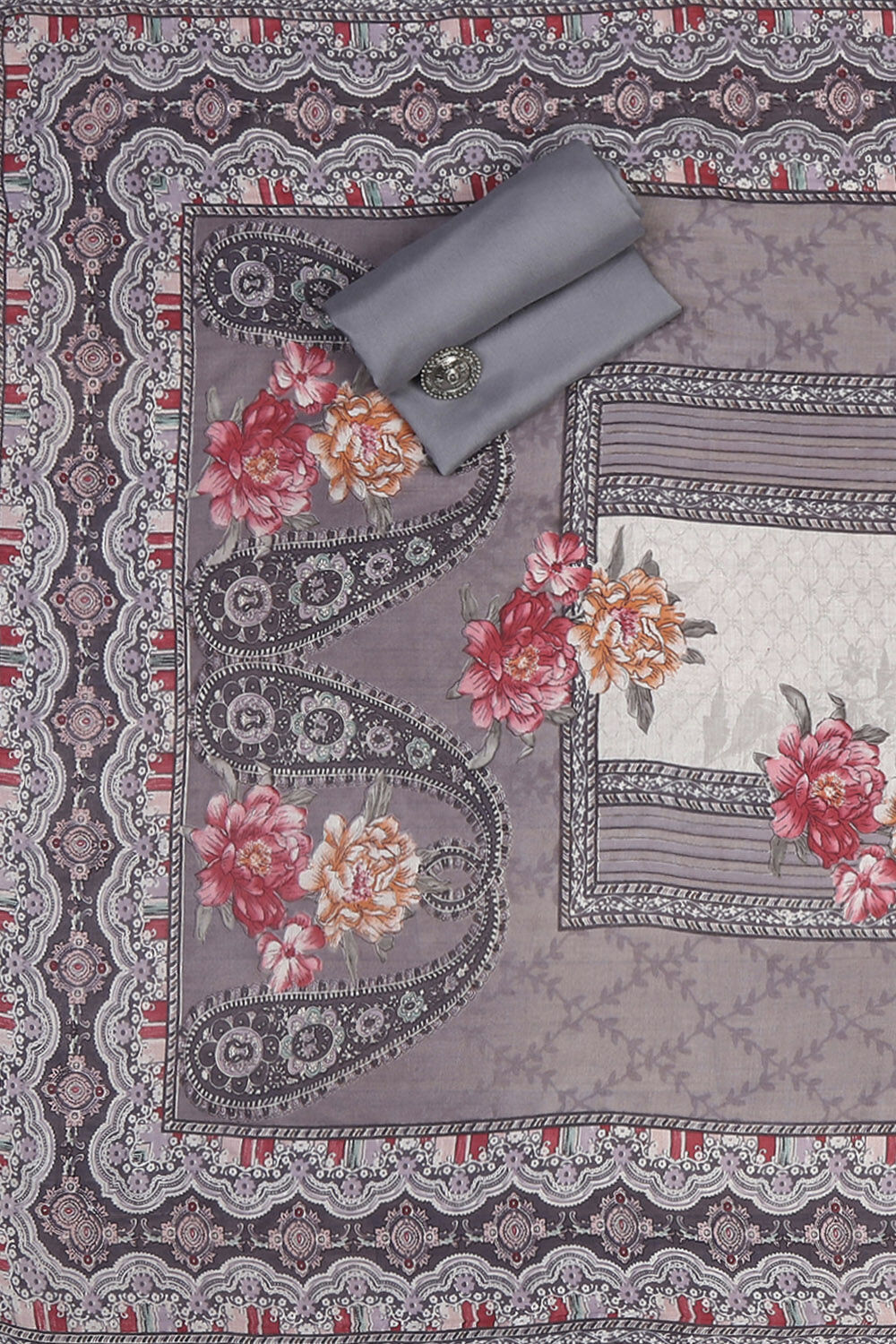 Grey Muslin Unstitched Suit Set image number 2