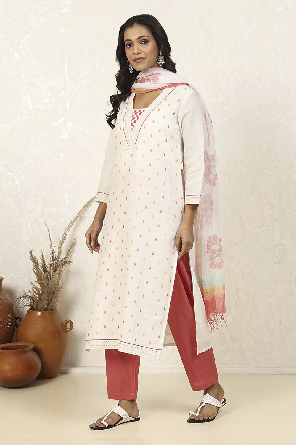 White Cotton Machine Embroidered Unstitched Suit Set image number 6