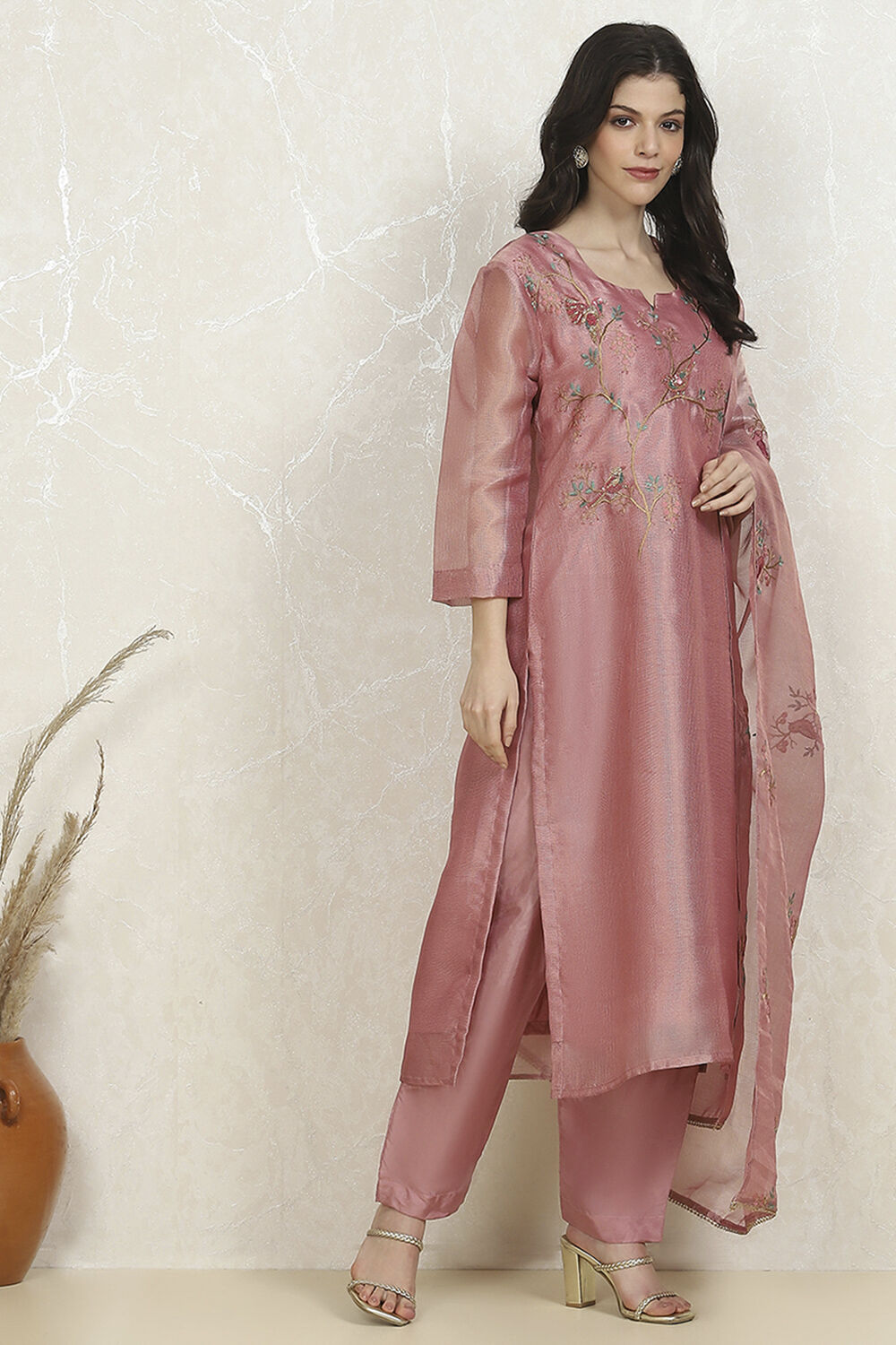 Pink Tissue Machine Embroidered Unstitched Suit Set image number 6