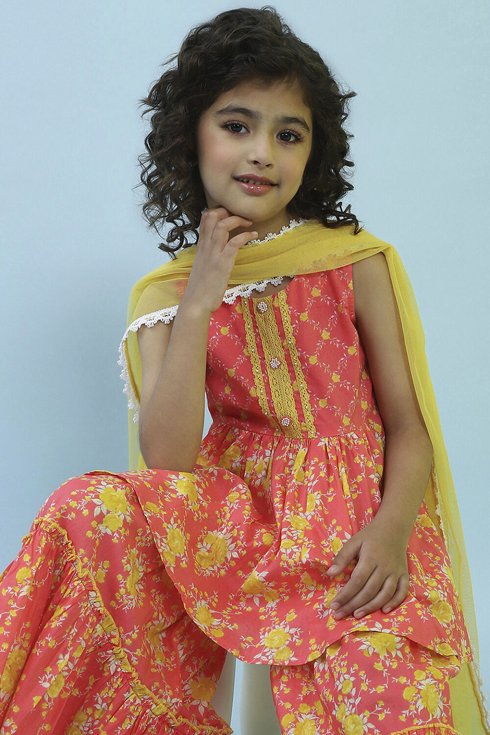 Pink Cotton Printed Gathered Suit Set image number 7