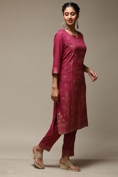 Plum Rayon Straight Kurta Pants 2 Piece Set image number 5