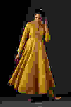 Rohit Bal Mustard Cotton Silk Anarkali Printed Suit Set image number 8