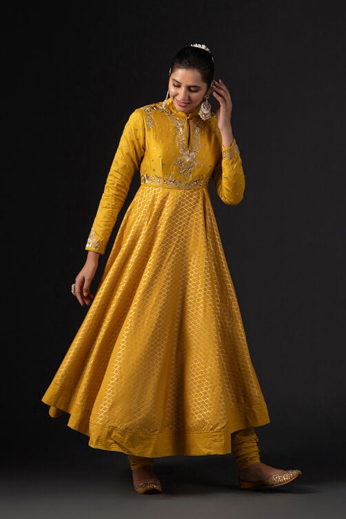 Rohit Bal Mustard Cotton Silk Anarkali Printed Suit Set image number 8