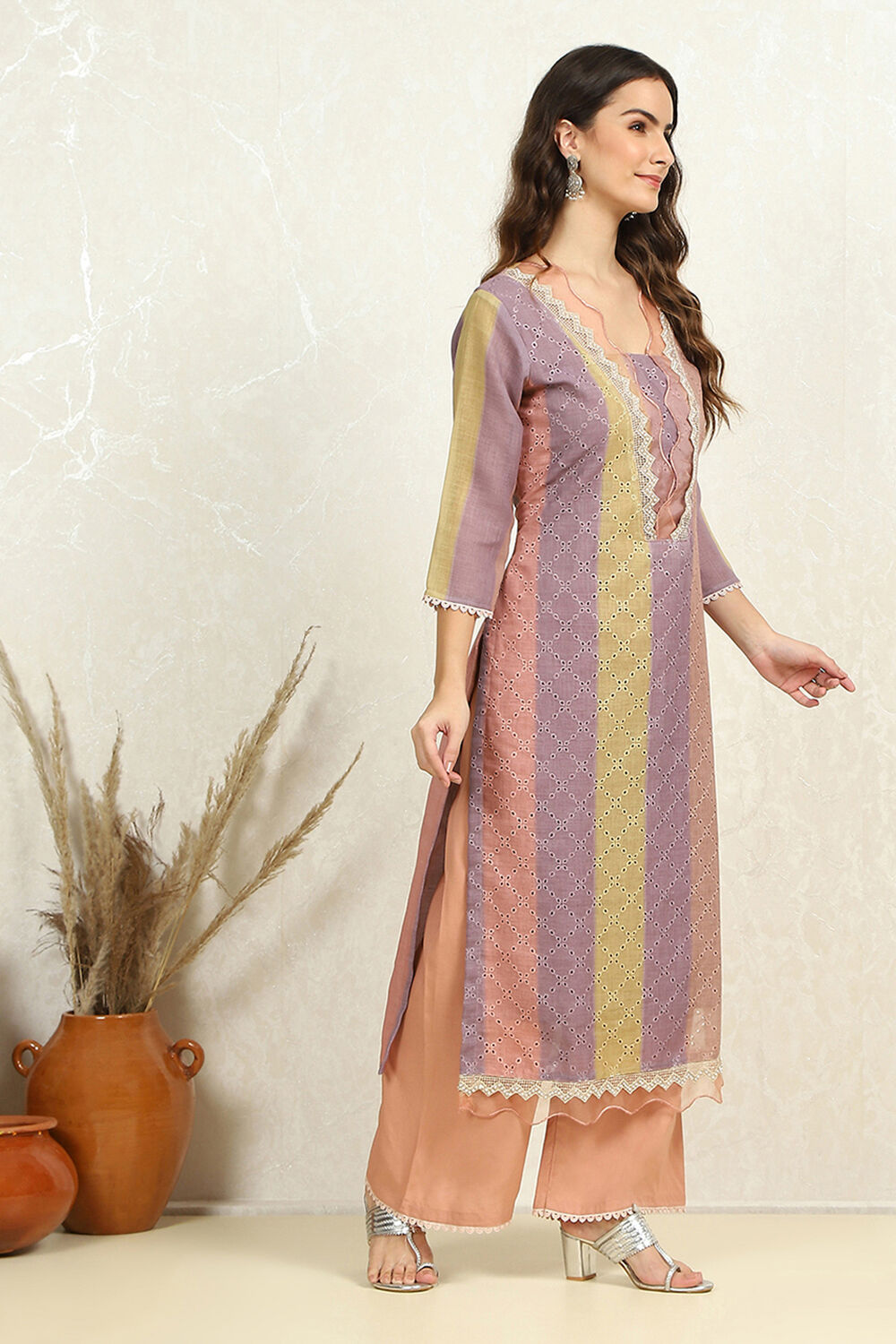 Green Cotton Blend Schiffli Unstitched Suit Set image number 3