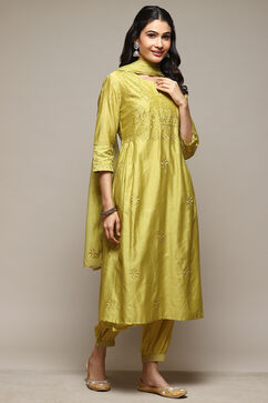 Lime Green Cotton Blend Layered Kurta Suit Set image number 7