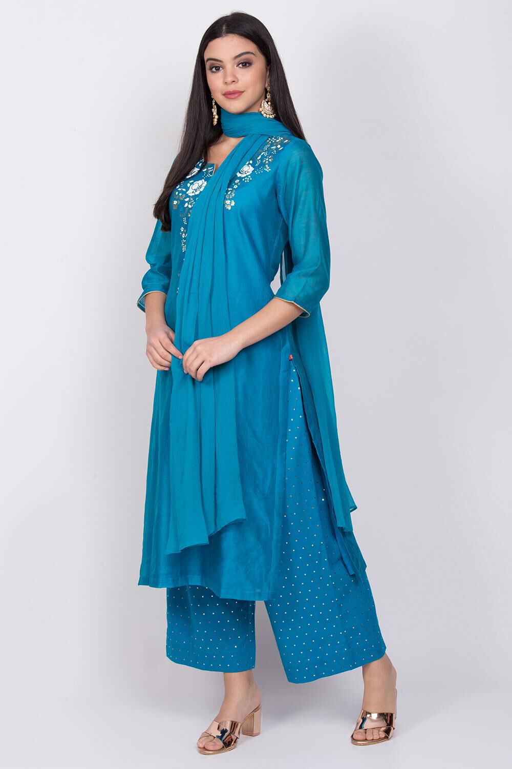 Blue Straight Kurta Palazzo Suit Set image number 3