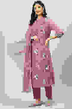 Mauve Straight Kurta Regular Pant Suit Set image number 6
