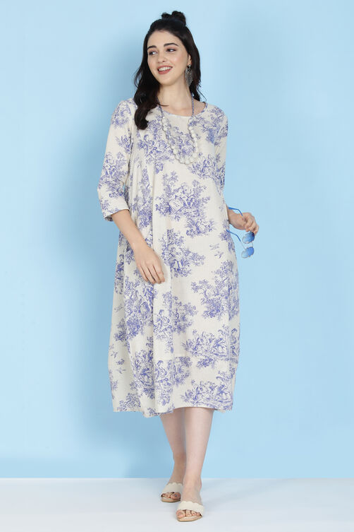 Black Cotton Flax A-line Printed Kurta Dress image number 3
