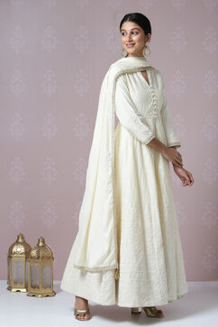 Off White Cotton Anarkali Kurta Skirt Suit Set image number 5