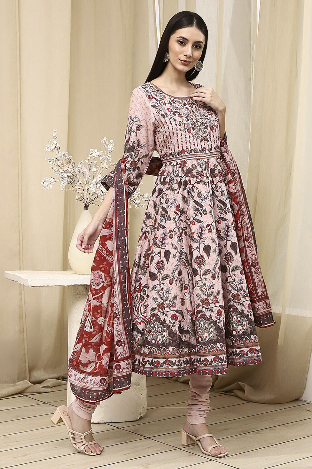 Beige Cotton Anarkali Printed Kurta Suit Set image number 5