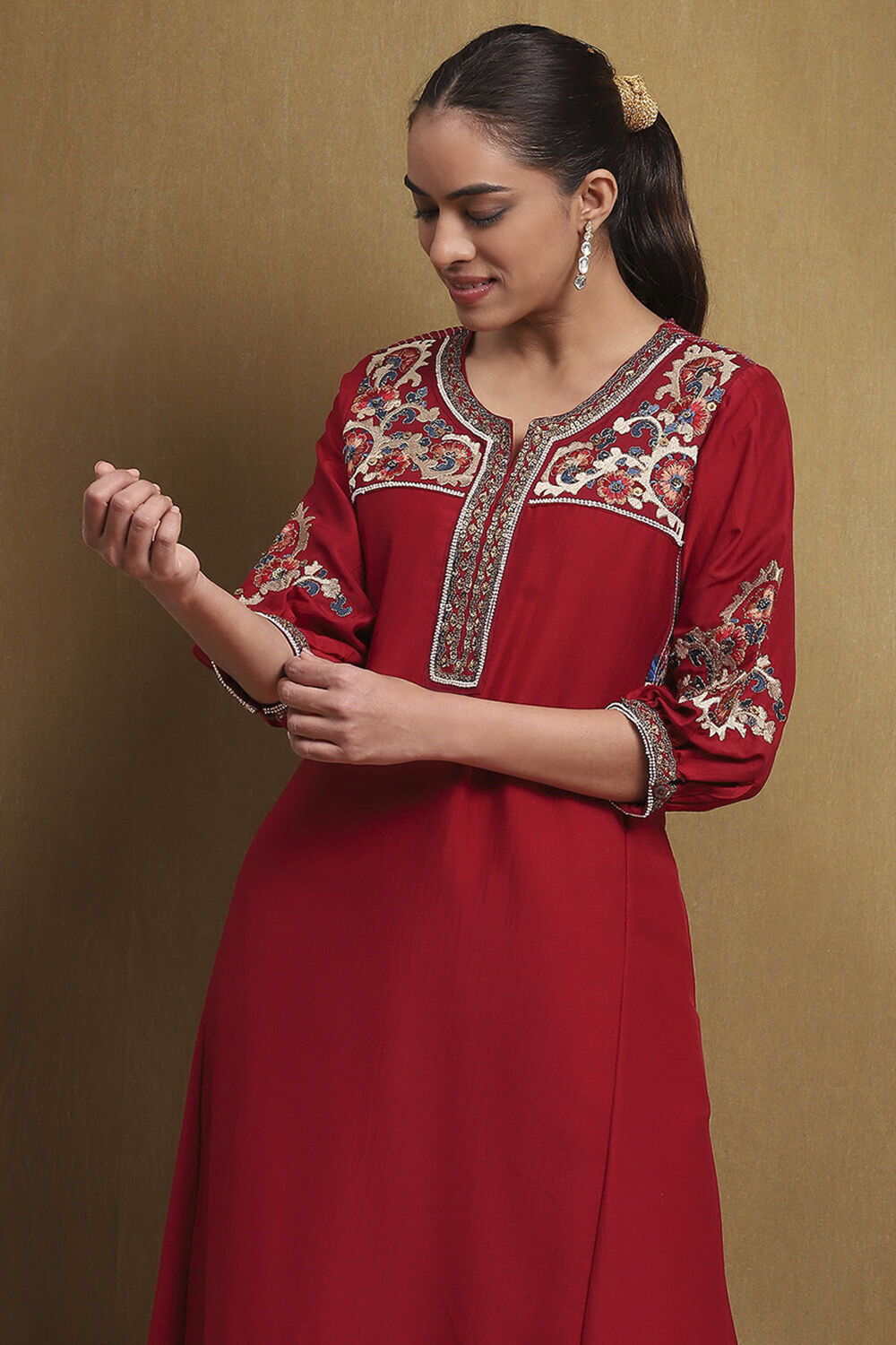 Red Silk Embroidered A-Line Suit Set image number 1