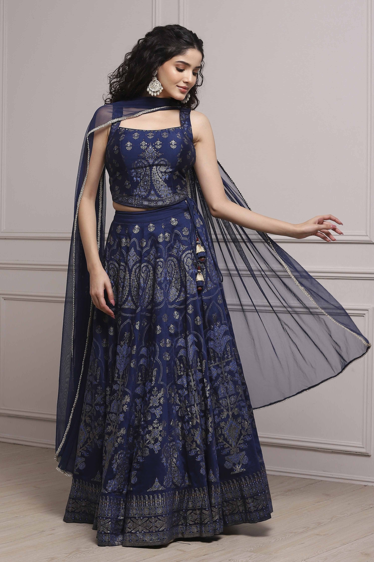 Blue Fitted Printed Lightweight Lehenga Set