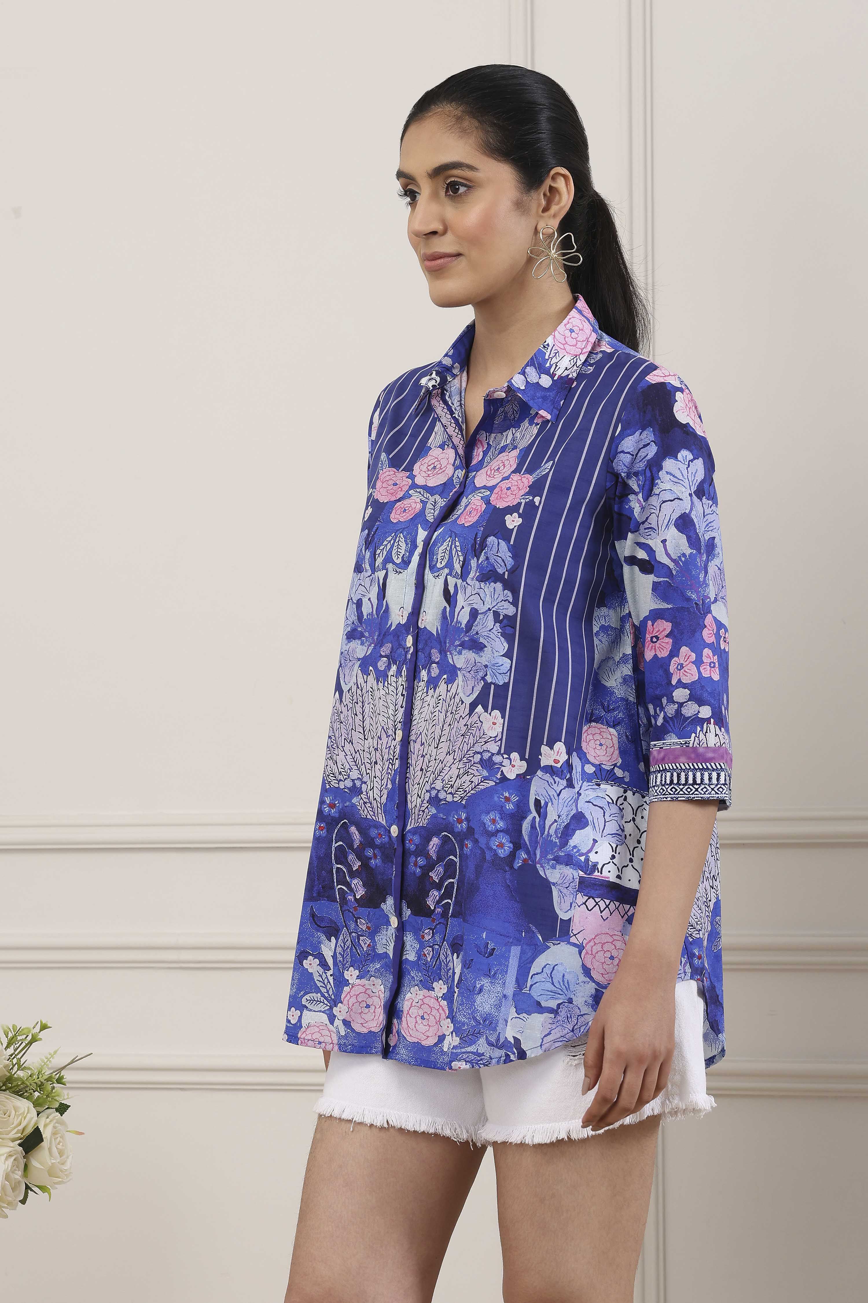 Blue Cotton Floral Printed Shirt image number 2